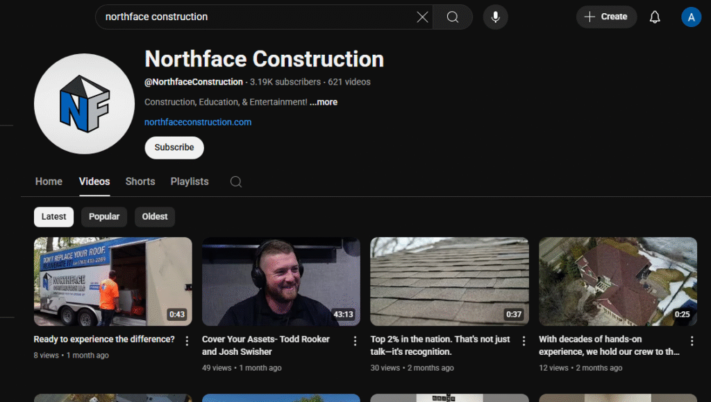 Northface Construction YouTube channel page—logo, name, subscribers, engaging thumbnails with roofing, materials, and presenter shots.