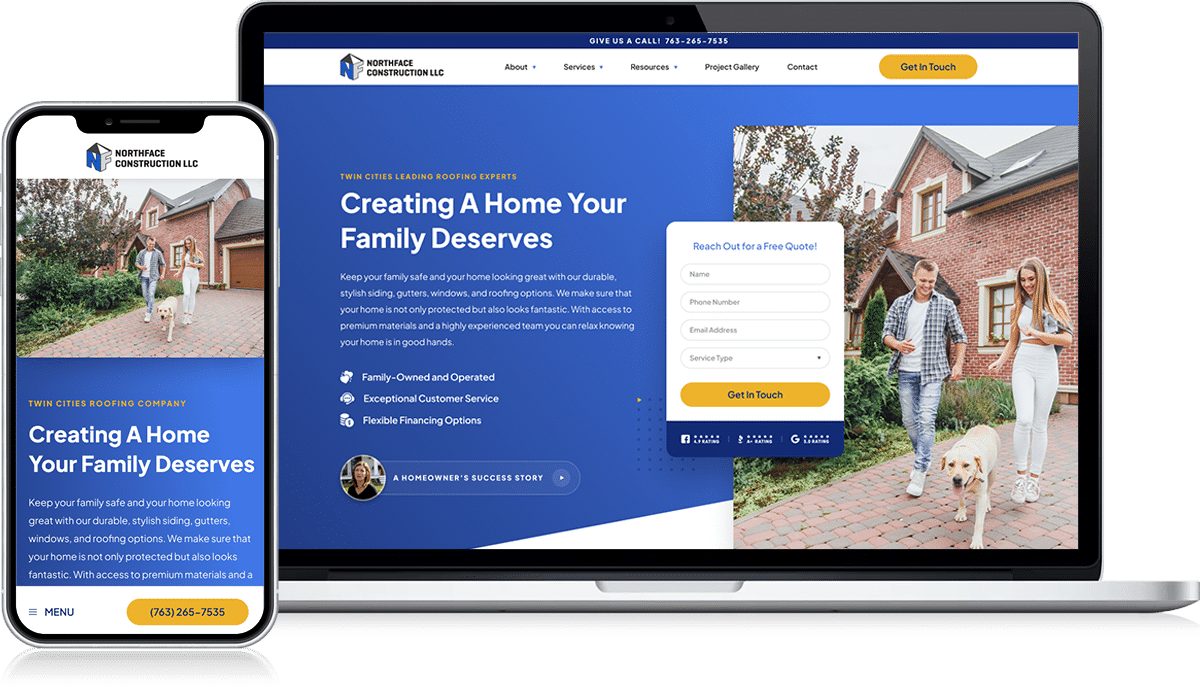 Explore our latest responsive website design for a home construction company, showcased in the 2024 web design examples on Hook Agency’s website. Optimized for both smartphones and laptops, the site features a welcoming family image, an easy-to-use contact form, and sections emphasizing affordability, security, and family ownership.