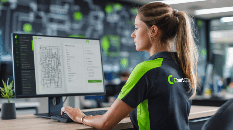 Woman in company polo uses desktop with technical diagrams, evaluating ChatGPT for office managers to streamline modern workflows.