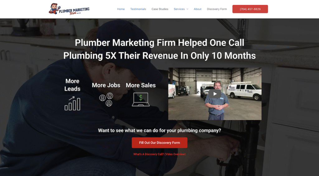 The homepage features a bold header, streamlined navigation menu, and prominent contact number. The main section spotlights a professional plumber at work, supported by clear messaging on revenue growth. Eye-catching icons highlight leads and sales performance, complemented by an engaging video and a standout red call-to-action button—driving visitors to connect with one of the top plumbing marketing agencies.