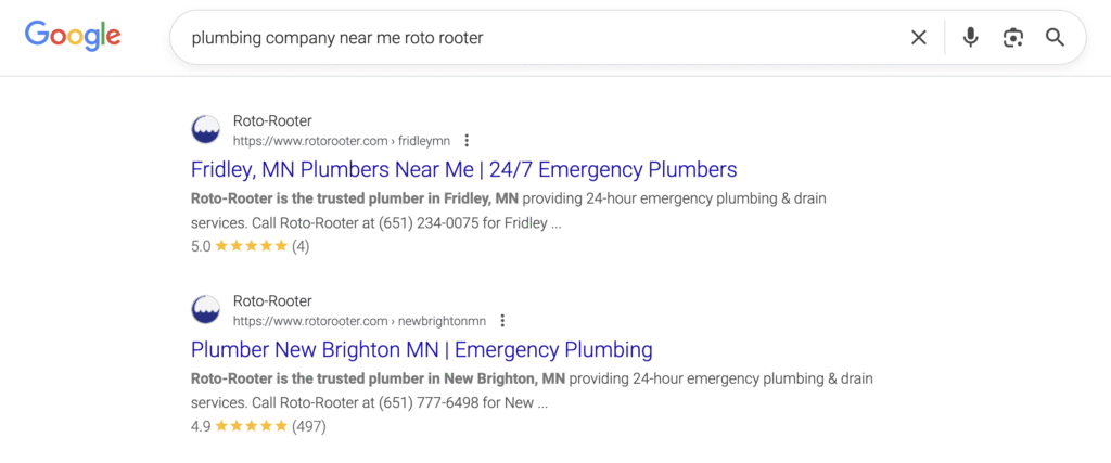 Google search for "plumbing company near me roto rooter" shows top Roto-Rooter ads in MN—proof Google Ads drives local leads.