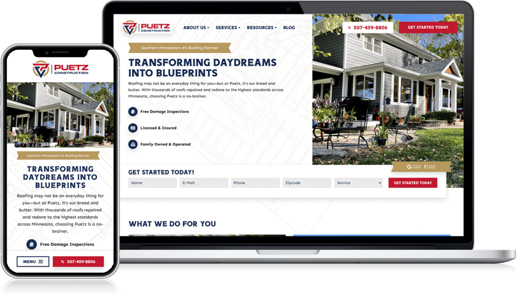 On Hook Agency's website, discover a responsive design seamlessly showcased on smartphones and laptops. The "Puetz Construction" brand shines, accompanied by an elegant image of a house. A prominent header declares "Transforming Daydreams into Blueprints," reflecting our cutting-edge 2024 roofing web design. Explore our services or get in touch with us today.
