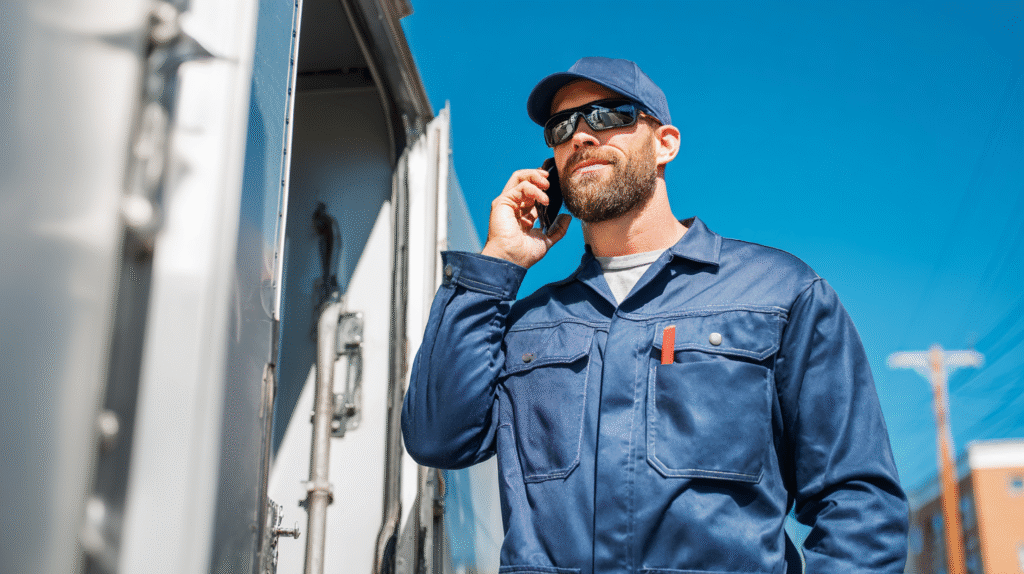 Contractor in blue uniform and cap stands by truck, speaking on phone—showcasing effective follow-up for contractor businesses.