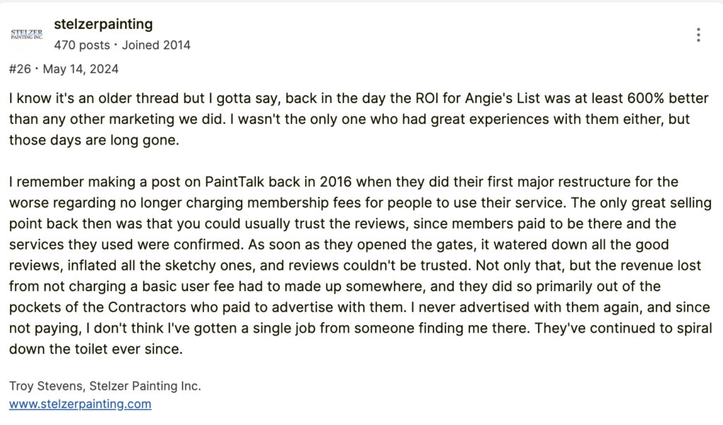 On Hook Agency's website, a forum post by stelzerpainting investigates the ROI of Angi Leads marketing, and highlights significant changes in review policies from 2016. The user openly shares experiences with contractor-generated fake reviews during that time.
