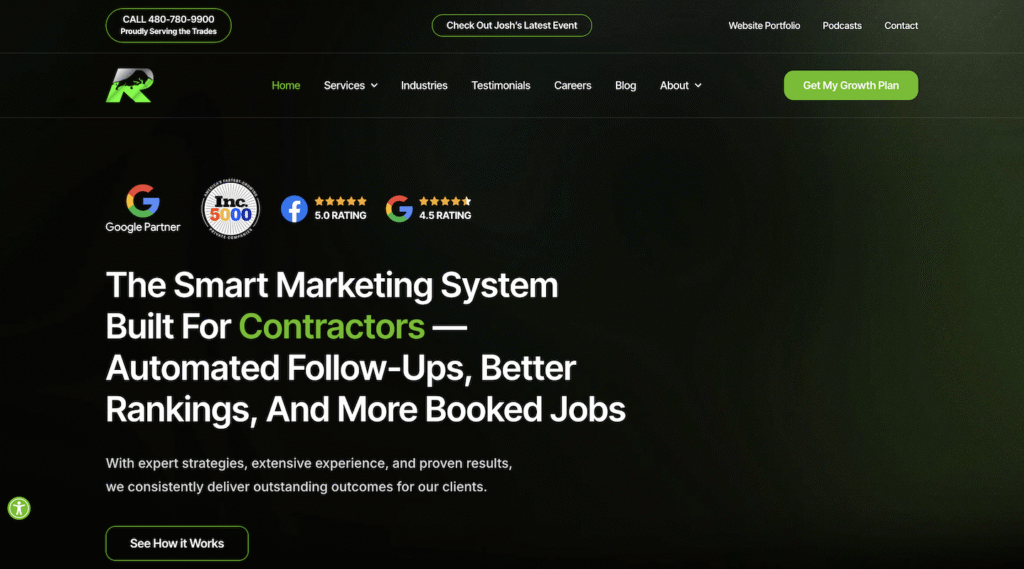 Homepage screenshot of Hook Agency: Headline reads, "The Smart Marketing System Built for Contractors—Automated Follow-Ups, Better Rankings, and More Booked Jobs." Ideal for plumbing marketing agencies. Features contact information, navigation menu, and review badges.