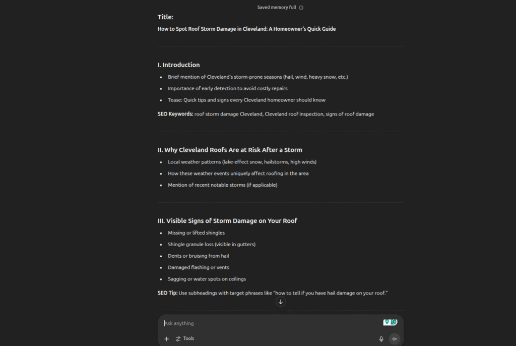 A dark-themed layout presents our guide, “How to Spot Roof Storm Damage in Cleveland: A Homeowner’s Quick Guide.” The structured outline covers: 1. Introduction 2. Risks of storm damage 3. Key signs your roof needs repair 4. Practical ChatGPT prompts for contractor marketing Get actionable steps and expert insights—directly on Hook Agency’s website—to assess storm damage and promote your roofing business effectively.