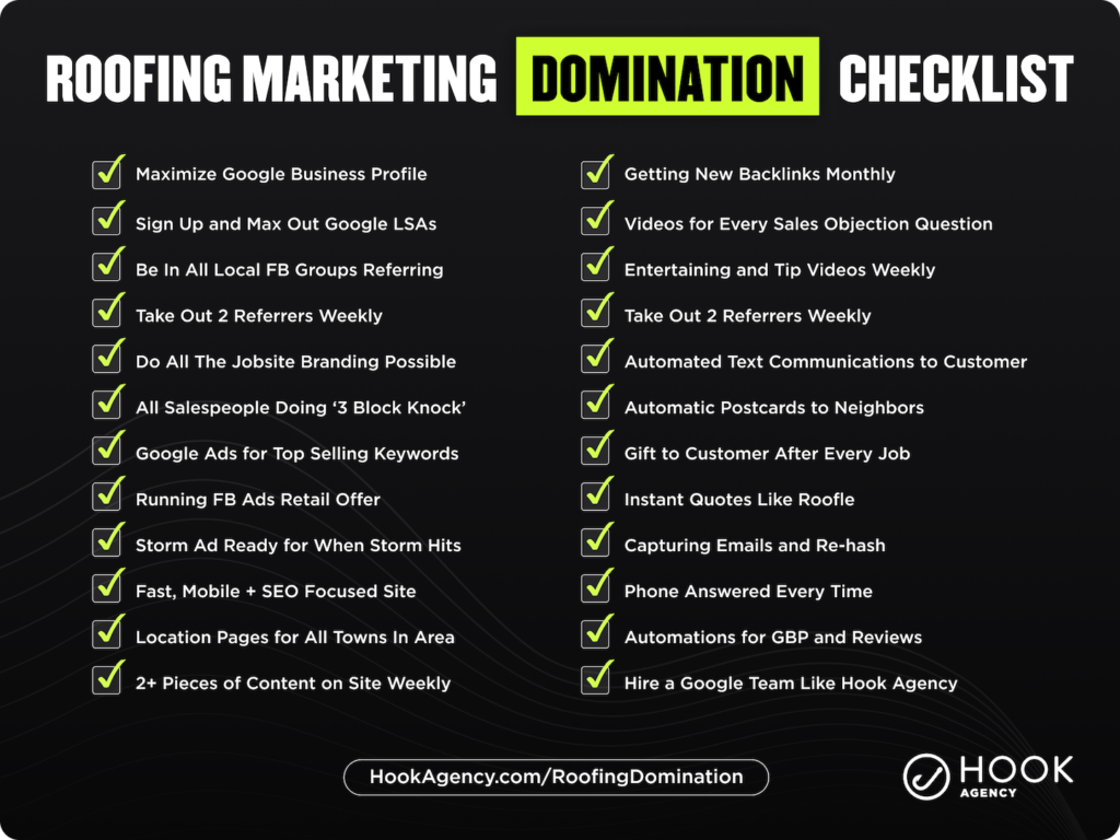 The Roofing Marketing Domination Checklist by Hook Agency is your essential tool for success. It focuses on maximizing your Google Business Profile, engaging effectively on social media, creating compelling videos, and enhancing SEO strategies. The checklist includes actionable tasks with multiple checkmarks and provides direct links to HookAgency.com for further insights.