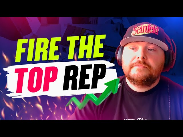 Man in Seinfeld cap and headphones stands before "FIRE THE TOP REP" with growth arrow and flames, showing Hook Agency's bold culture.