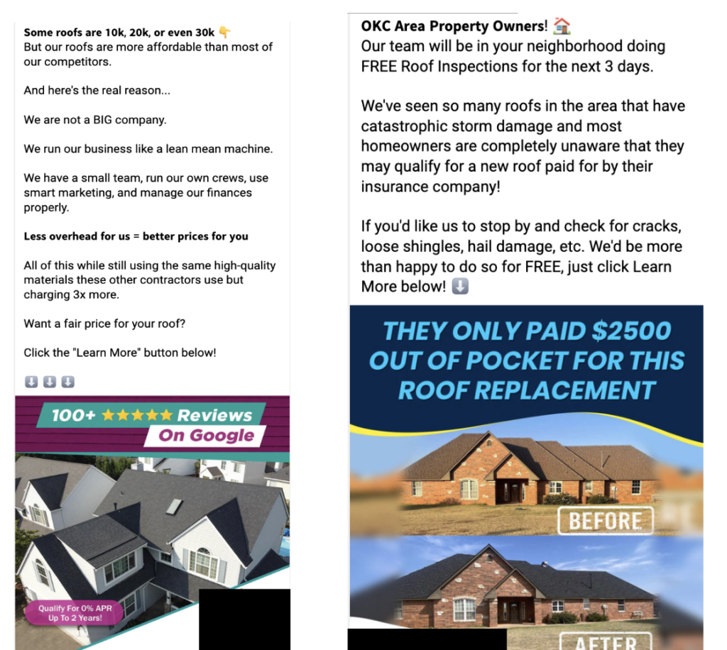 **Left Ad: Affordable Roofing Services with Stellar Reviews**
Discover top-notch roofing solutions at unbeatable prices. Benefit from significant savings and join countless satisfied clients who trust our proven expertise. Experience the impact of effective roofing marketing today.
**Right Ad: Free Roof Inspections After Storms**
Ensure your roof's integrity with a complimentary inspection after recent storms. See the stunning transformation showcased in our before-and-after images of expertly renovated roofs. Reach out now for peace of mind and quality assurance.