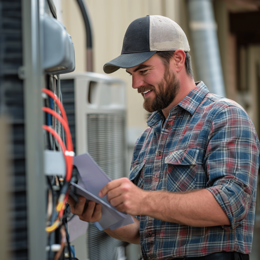 A bearded technician in a plaid shirt and cap inspects outdoor HVAC equipment, clipboard in hand, showcasing profitable sales tips.