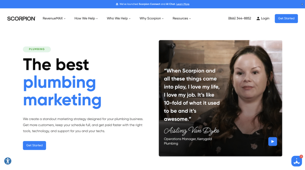 Screenshot of a Scorpion website page advertising top plumbing marketing services. The left side features the headline "The Best Plumbing Marketing." On the right, a smiling woman provides a testimonial. A blue “Get Started” button is visible at both the top and bottom of the page.