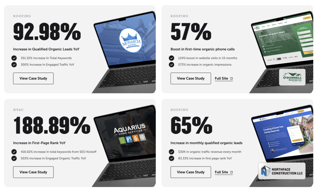 A collage of four digital devices showcasing case study results in roofing and HVAC sectors. Displays percentages, metrics, and company logos, highlighting increases in leads, first-page rankings, and phone calls. Each has a "View Case Study" button to delve into detailed case studies insights.