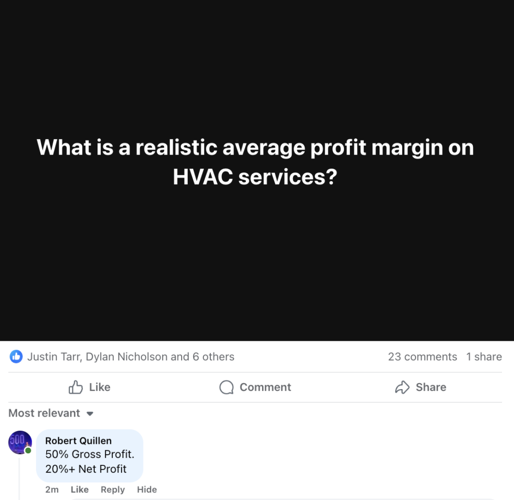 On Hook Agency's website, a Facebook post asks: "What is a realistic profit margin for HVAC services?" Robert Quillen comments: "Aim for a 50% gross profit and over 20% net profit.