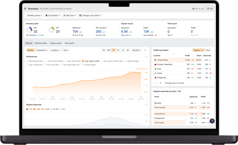 A laptop screen displays an analytics dashboard, featuring key metrics such as authority scores and backlinks. The interface prioritizes organic search data, showcasing traffic insights specifically tailored for Minneapolis SEO strategies.
