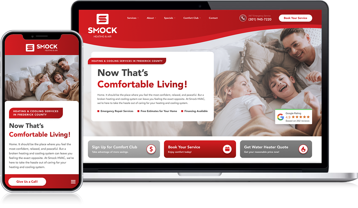 A smartphone and laptop display a sleek heating and cooling service website, reminiscent of a modern lookbook. The homepage highlights a cozy family in bed, clearly presents service options, contact details, and includes a strong call-to-action for scheduling. The design is contemporary, featuring distinctive red and white accents.