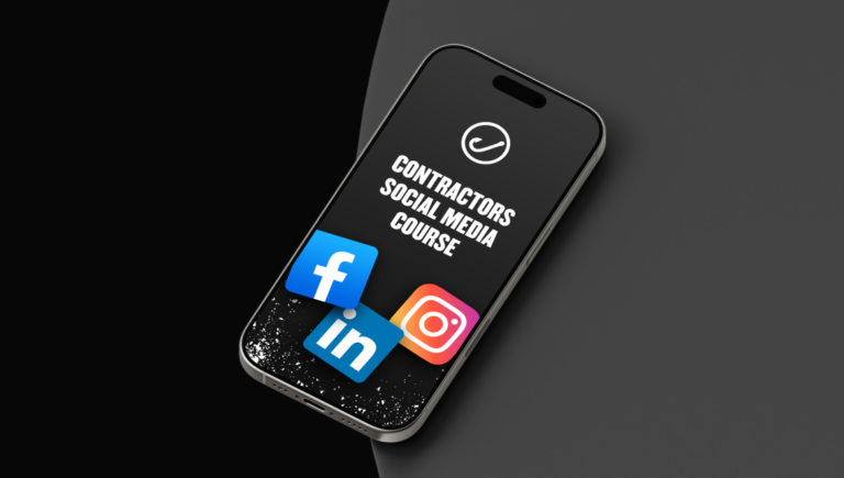 A smartphone showcases the "Contractors Social Media Course" with clear icons for Facebook, LinkedIn, and Instagram. The phone is elegantly positioned on a modern, dark-toned surface.