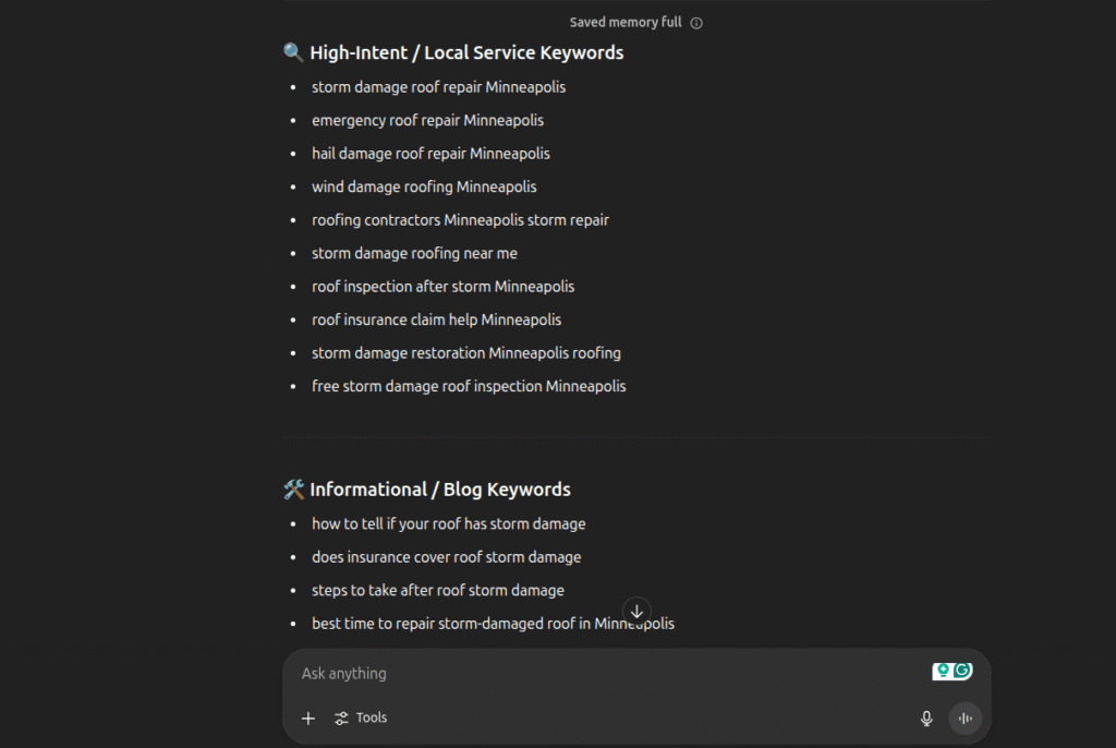 A dark-themed interface showcases two keyword lists: one for High-Intent / Local Service Keywords (e.g., "storm damage roof repair Minneapolis") and another for Informational / Blog Keywords. At the bottom, an integrated chat box provides ChatGPT prompt suggestions tailored for contractor marketing.