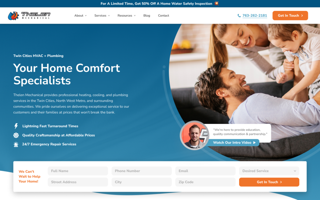 Home Services Website Design: Thelen Mechanical blue and orange HVAC and plumbing website design inspiration for 2025