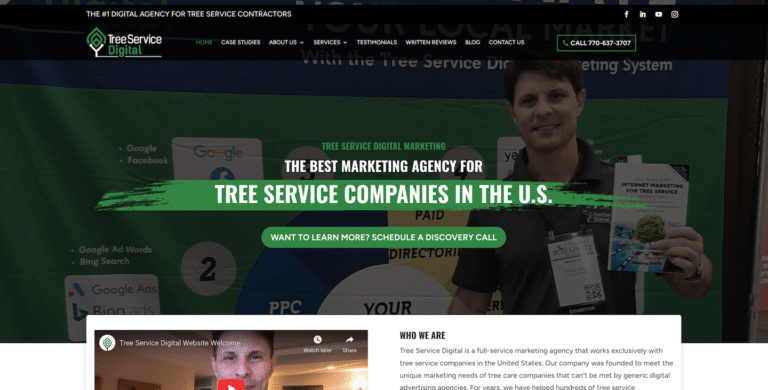 Screenshot of Tree Service Digital homepage on Hook Agency site, showing lead generation banner, marketing materials, and contact options.