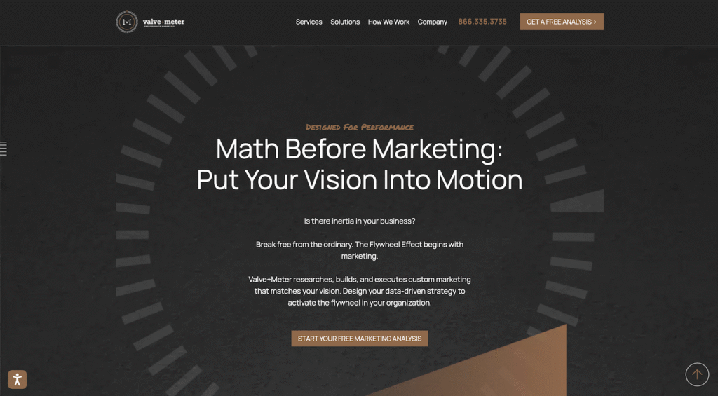 Website homepage features a black textured background with the bold headline: "Math Before Marketing: Put Your Vision Into Motion" in white text. Below, an orange button prompts action: "Start Your Free Plumbing Marketing Analysis.