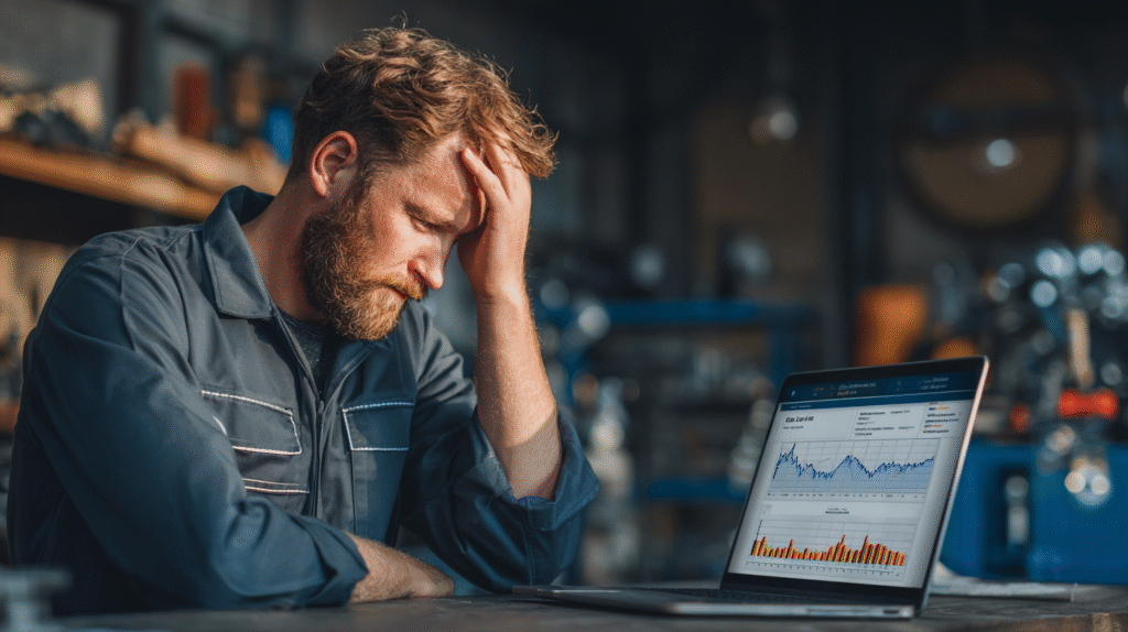 Contractor in work overalls reviews falling lead conversion charts on his laptop, appearing frustrated in an industrial workspace.
