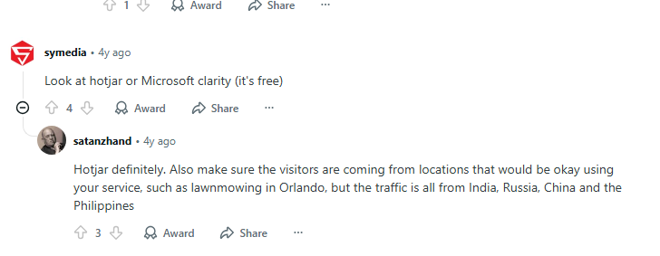 Reddit thread: sy media advises Hotjar or Microsoft Clarity as free CRO tools; satanzhand stresses verifying visitor geolocations.