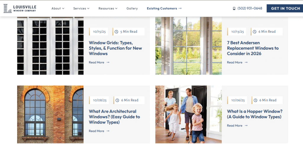 Screenshot of Hook Agency’s window company blog page with articles, expert marketing tips, large window images, and top navigation.