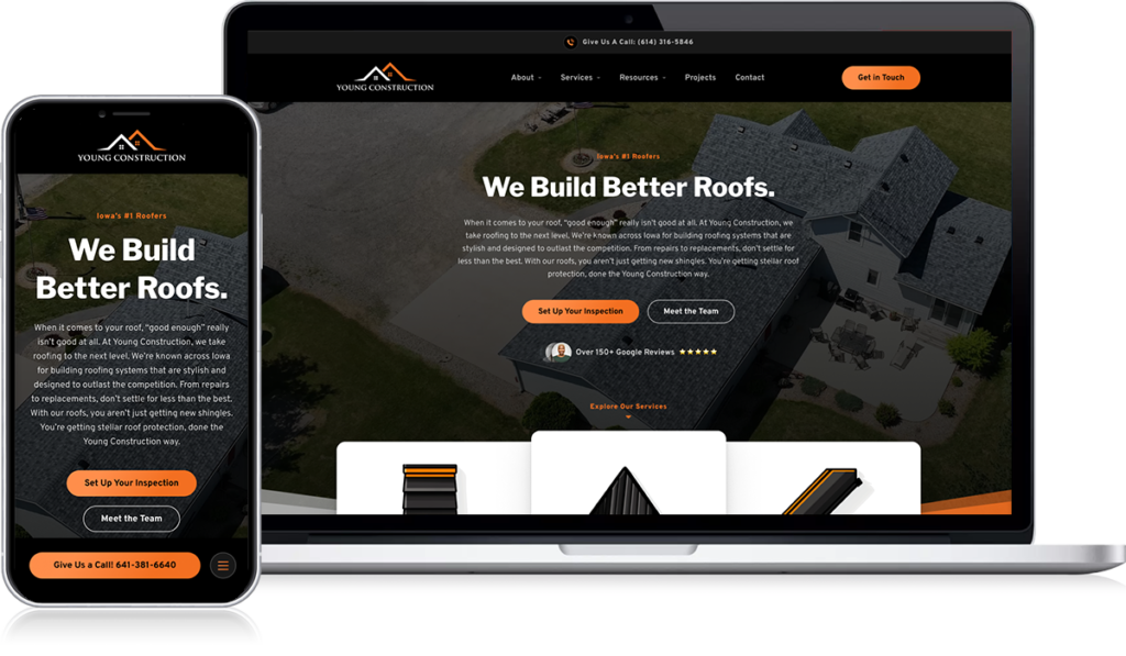 Experience expert roofing website design with Young Construction's "We Build Better Roofs" page, displayed seamlessly on both smartphone and laptop. The design features a striking image of a house with a gray roof and offers clear navigation to essential roofing services and customer contact details.
