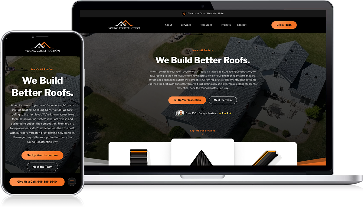 Experience expert roofing website design with Young Construction's "We Build Better Roofs" page, displayed seamlessly on both smartphone and laptop. The design features a striking image of a house with a gray roof and offers clear navigation to essential roofing services and customer contact details.