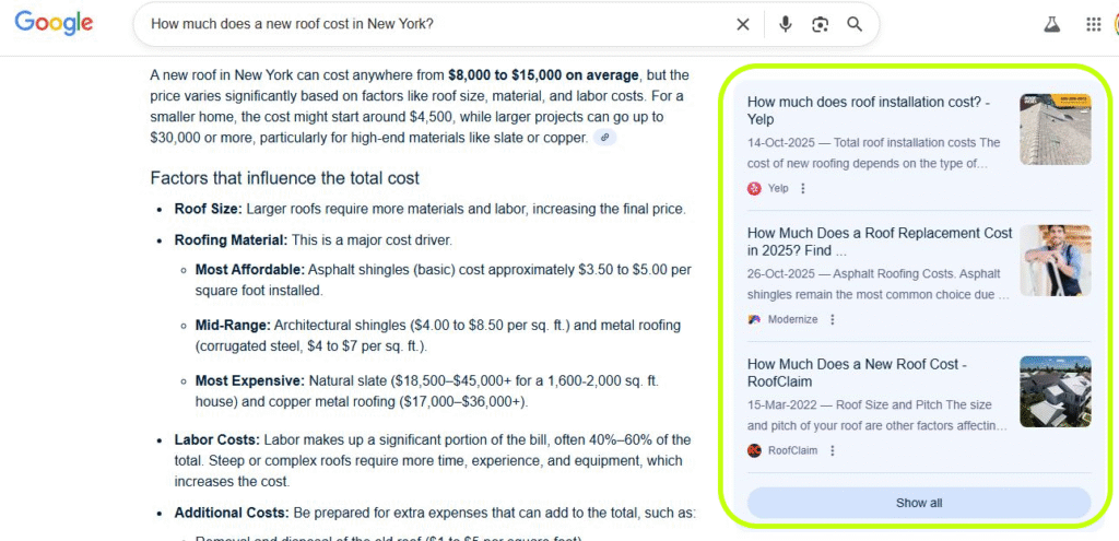 Screenshot of Google search results for "How much does a new roof cost in New York?" with key cost data and related questions highlighted.