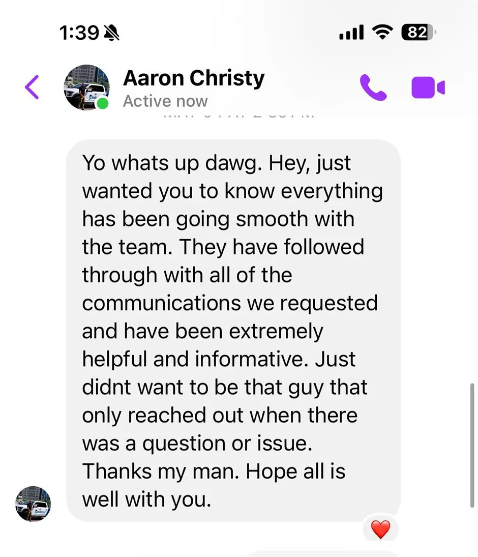 On the Hook Agency website, a Facebook Messenger screenshot showcases Aaron Christy's positive feedback. He commends the team for their seamless service and informative communication, expressing his satisfaction with a heart emoji beneath his message.
