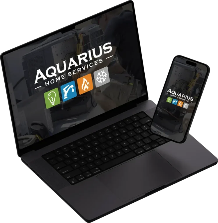 Displayed prominently on a laptop and smartphone is the "Aquarius Home Services" logo, featuring icons for water, electrical, heating, and cooling services. In the background, a focused technician expertly works on equipment—mirroring the precision of Monarch Roofing professionals.
