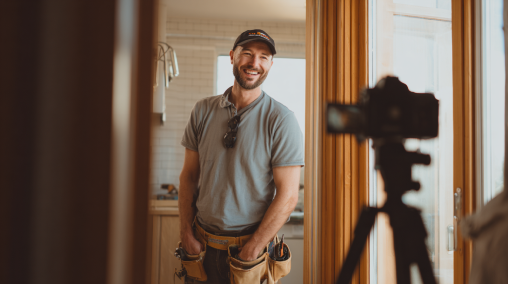 A contractor in a baseball cap and tool belt stands confidently in a sunlit room, facing a camera—capturing the genuine spirit of hardworking professionals in an inviting, real-world setting.