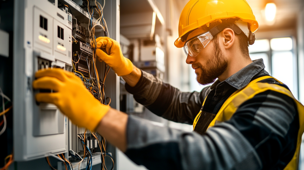 A male industrial electrician—wearing a yellow hard hat, safety goggles, gloves, and a reflective vest—works on wiring inside an electrical panel with sunlight streaming through the window behind him.