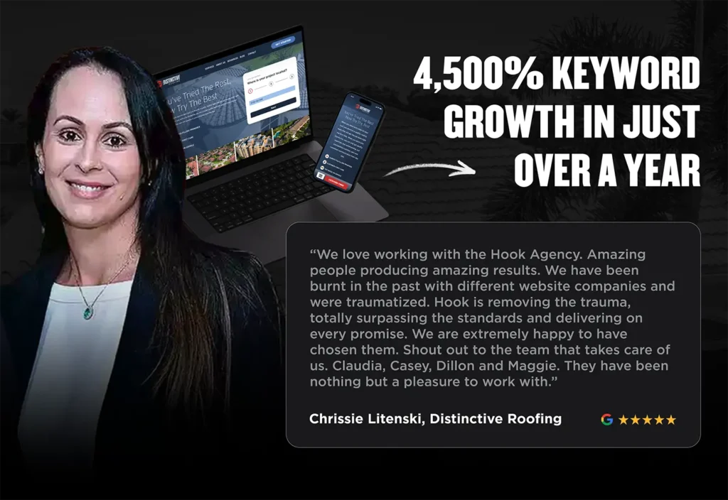 A woman stands beside a glowing testimonial about Hook Agency, commending their outstanding SEO improvements and exemplary client service. In the background, a laptop and smartphone showcase the agency's website with Google impressions. A star rating and the client's name are prominently displayed.