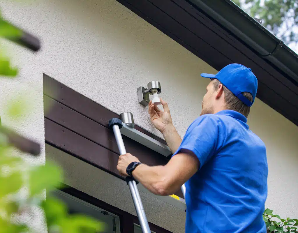 An electrician, donned in a blue cap and shirt, expertly uses a long-handled tool to install a light bulb in an outdoor fixture above a window on the house's exterior wall.