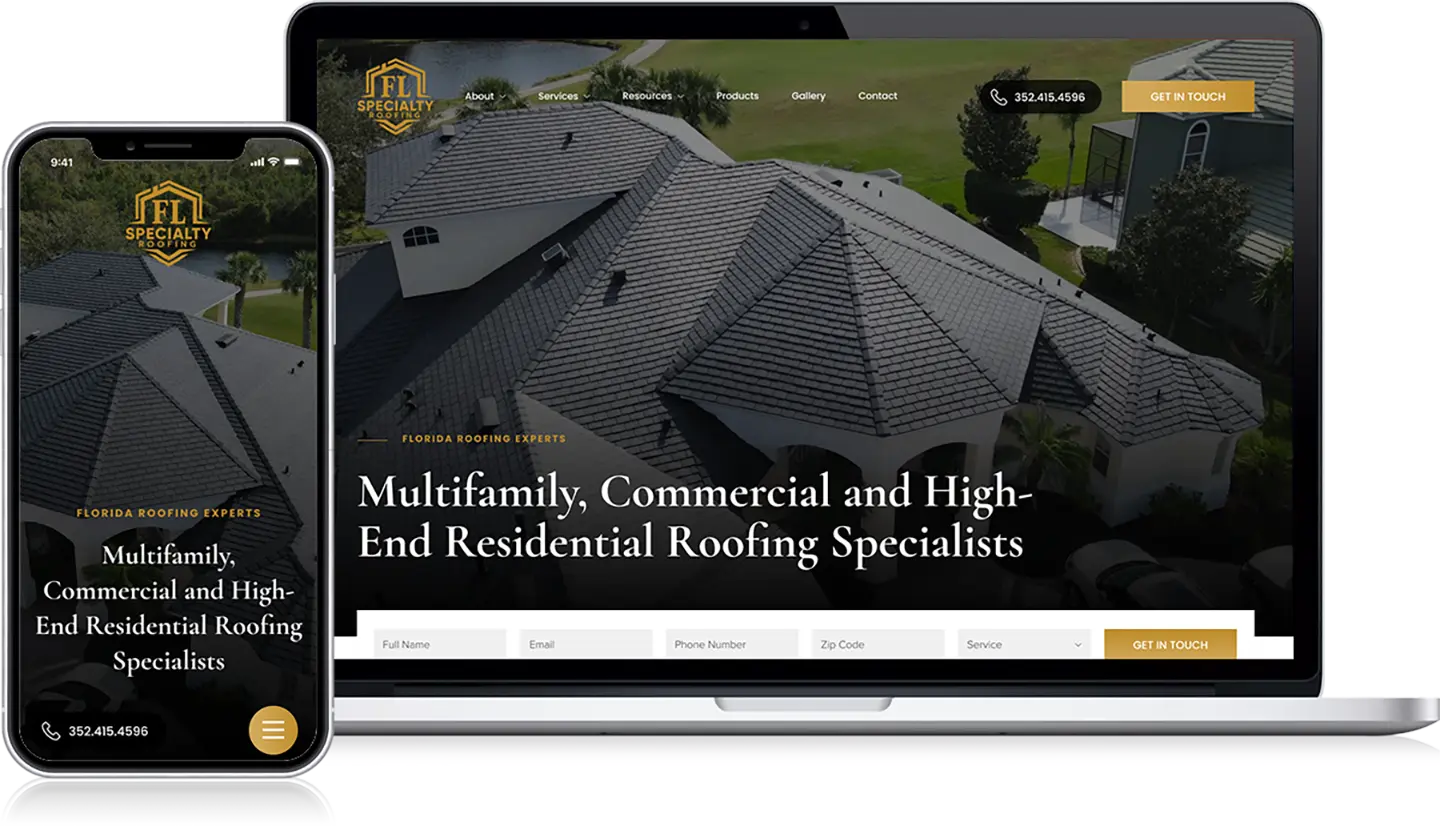 A smartphone and laptop display a roofing company's website, prominently featuring the tagline: "Experts in Multifamily, Commercial, and High-End Residential Roofing." A model home with an intricate roof design is also shown, alongside detailed case studies.