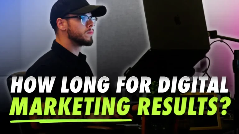 Man in glasses and cap at computer. Text: "How long for digital marketing results?" with "marketing results" in green. See how Hook Pricing accelerates your success.