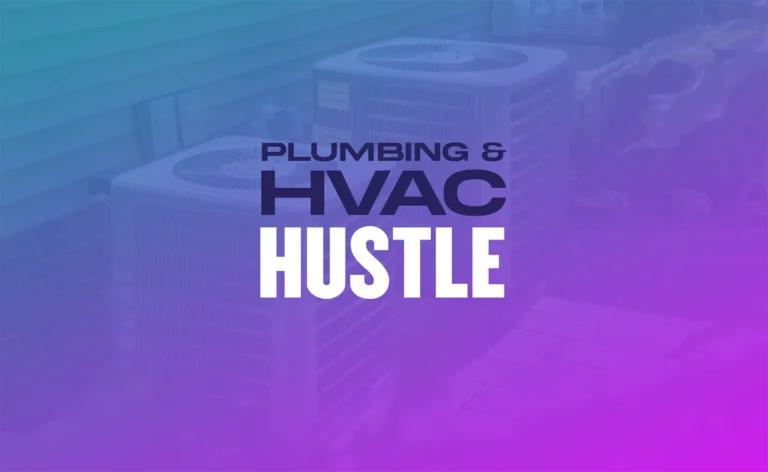 Image of outdoor HVAC units set against a gradient background. Prominently across the center: "PLUMBING & HVAC HUSTLE," signaling key resources for industry professionals.