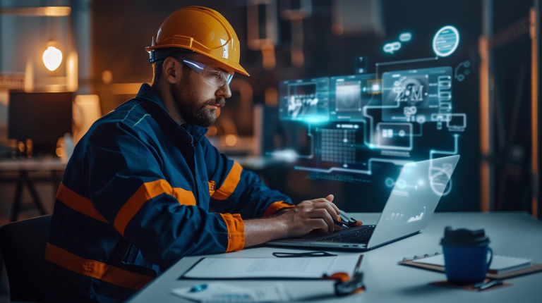 HVAC professional in safety gear uses laptop with advanced digital graphics, showcasing ChatGPT prompts for efficient data analysis.