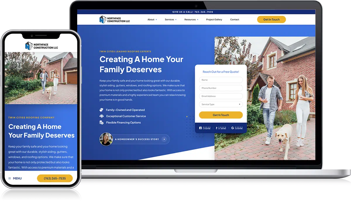 Responsive website design showcased on a smartphone and laptop. The homepage, in a blue, white, and yellow color scheme, features a family outside a house, emphasizing home services with pertinent case studies. A prominently displayed contact form and navigation menu with a call button enhance accessibility.