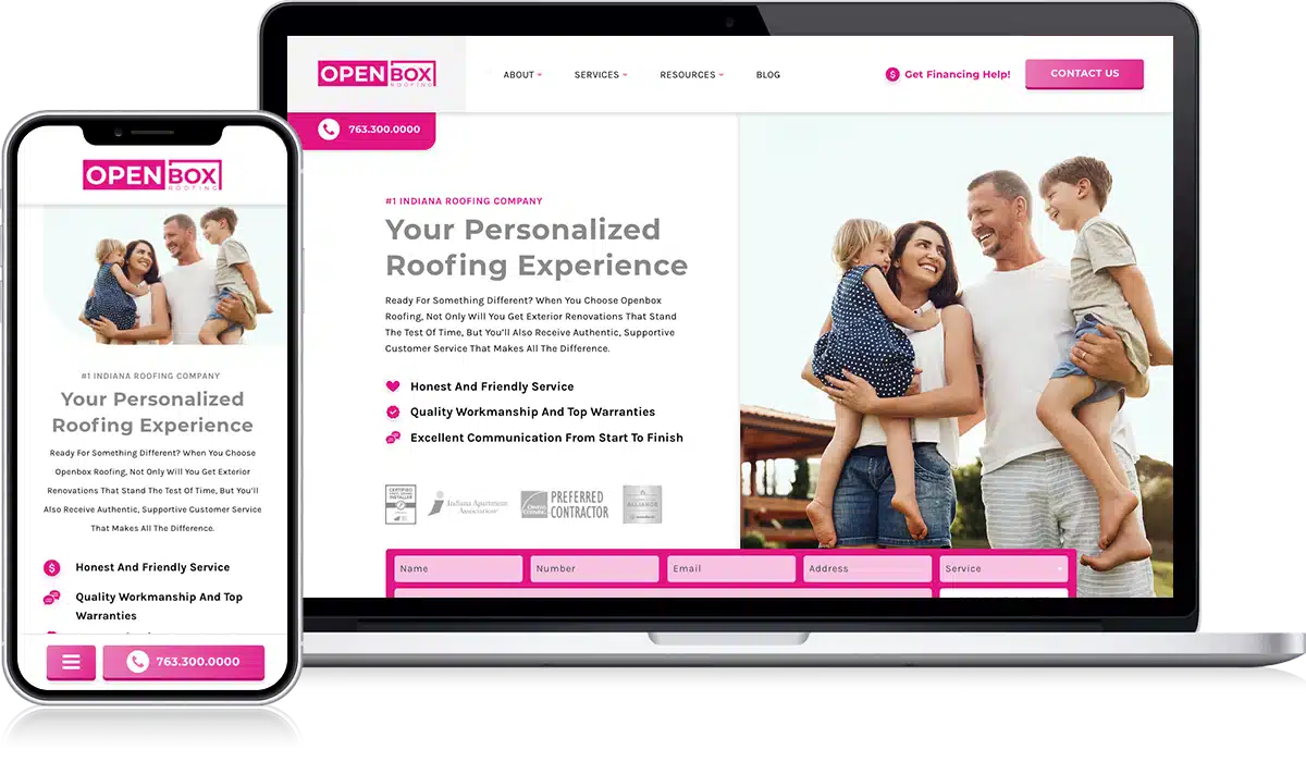 Open Box Roofing Website Design - Roofer Web Design content and features
