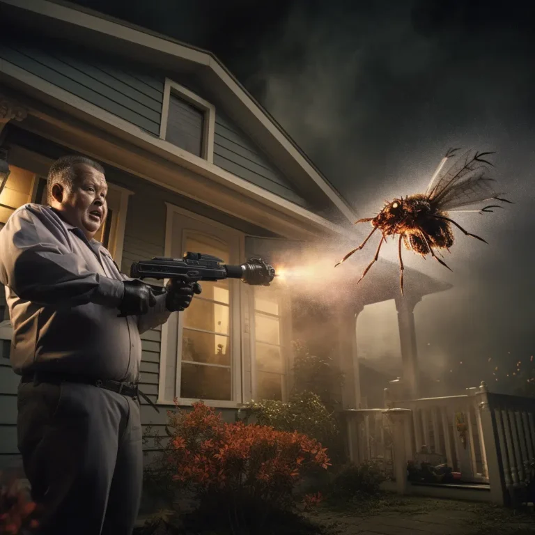 On Hook Agency's website: A man confidently stands on a porch at night, wielding a futuristic gun aimed precisely at a gigantic mosquito hovering ominously. This striking imagery embodies cutting-edge pest control solutions, set against a dramatically lit backdrop that amplifies the tension and surrealism of this epic fight against pests.