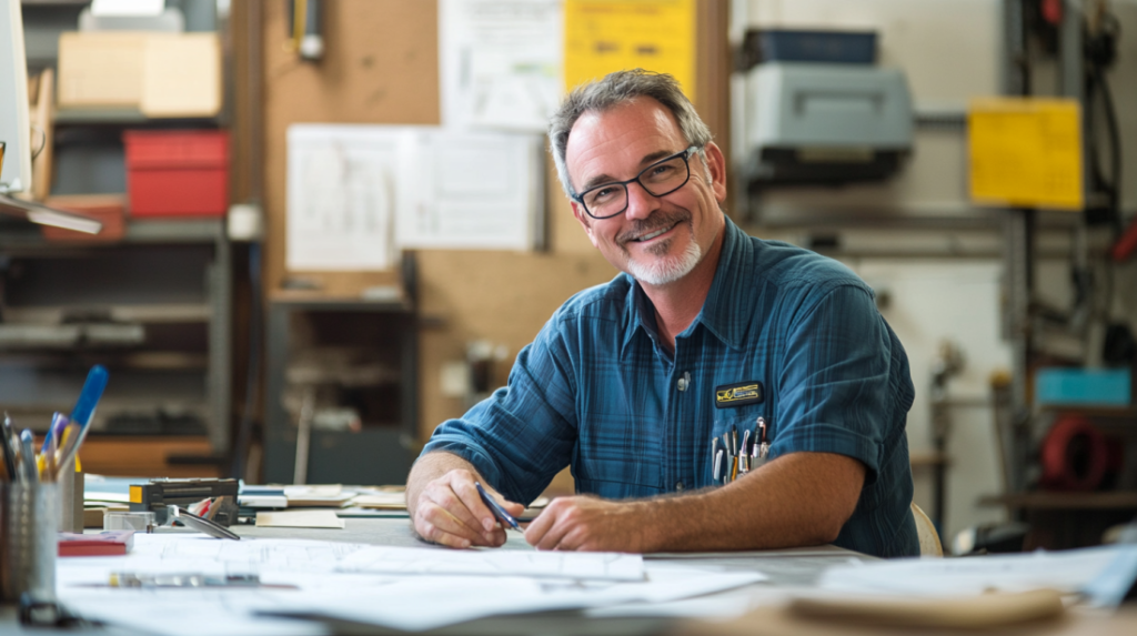 A middle-aged man with glasses and a gray beard sits at his busy desk, brainstorming effective plumbing advertising strategies to increase call volume.