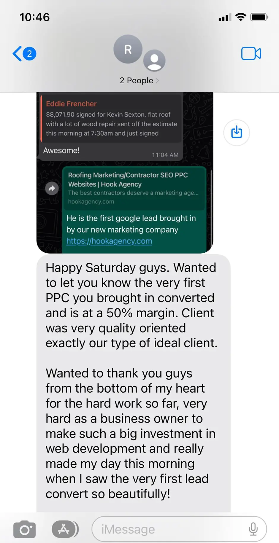 A smartphone screen showcases a group message celebrating the first PPC lead conversion at a 50% margin. The sender thanks their team for their dedication in business and web development, anticipating that this success will bring positive reviews.