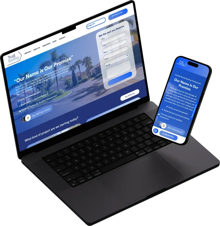 Monarch Roofing's website is showcased on a laptop and smartphone, featuring an online form with the slogan, "Our Name is Our Promise." Set against the backdrop of palm trees and buildings, these devices emphasize top-tier roofing services with a dynamic, rightward angle.
