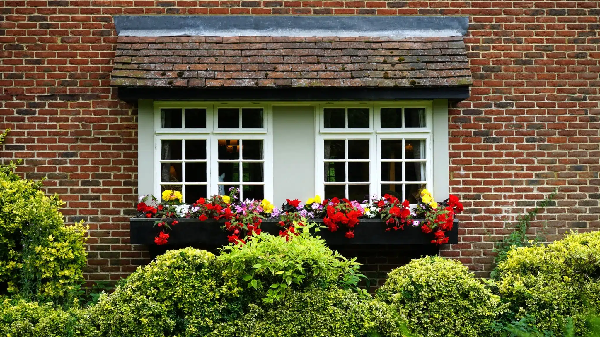 On Hook Agency's website:
Transform your space into a picturesque masterpiece with our inspiration: A brick house wall adorned with two white-framed windows, vibrant red, pink, and yellow flowers flourishing in a flower box below. Enhance this idyllic scene with lush green shrubs lining the base of the wall. Perfect for capturing timeless beauty.